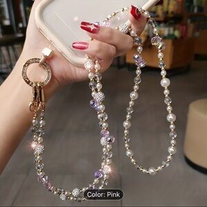 Beaded Pearl & Crystal Phone Strap - Pink Accents